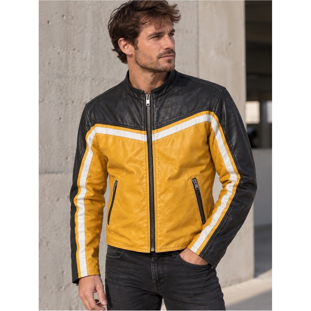 Wilson's Leather M. Julian Leather Moto Jacket Yellow Black Racing Biker Men's M